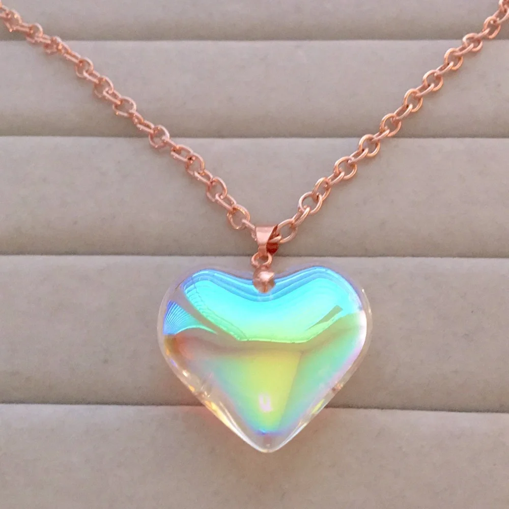 Aurora Borealis Glass Crystal Heart+Rose Gold Chunky Statement Pendant Necklace